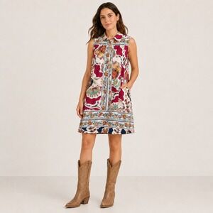 NEW Fig+Flower M Boho Artsy Floral Rayon Sleeveless Pockets Button Shirt Dress